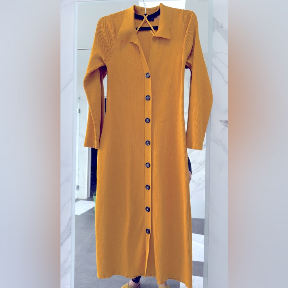 High collar big button down trendy Yellow midi dress